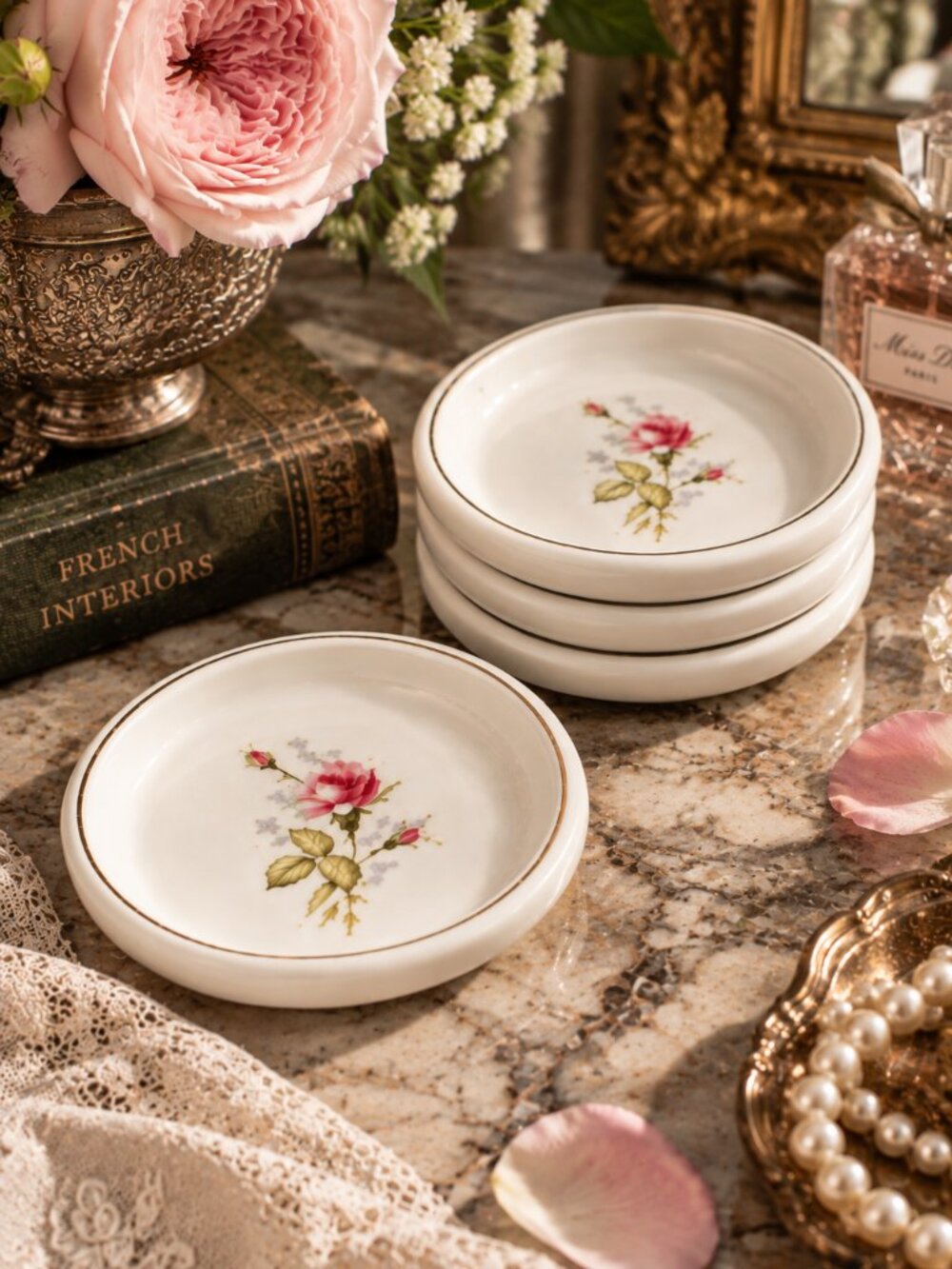 Set of 4 Vintage Nasco China "Moss Rose" Coasters Floral Butter Pats